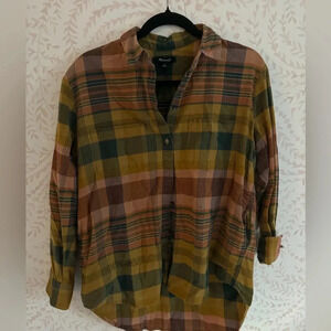MADEWELL autumn colors plaid flannel style long sleeve top w collar sz small